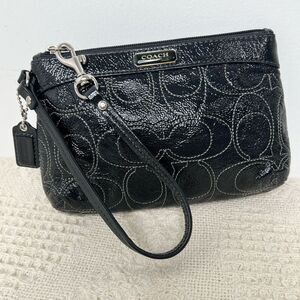 Coach Signature Stitched Patent Leather Wristlet Black Silver
